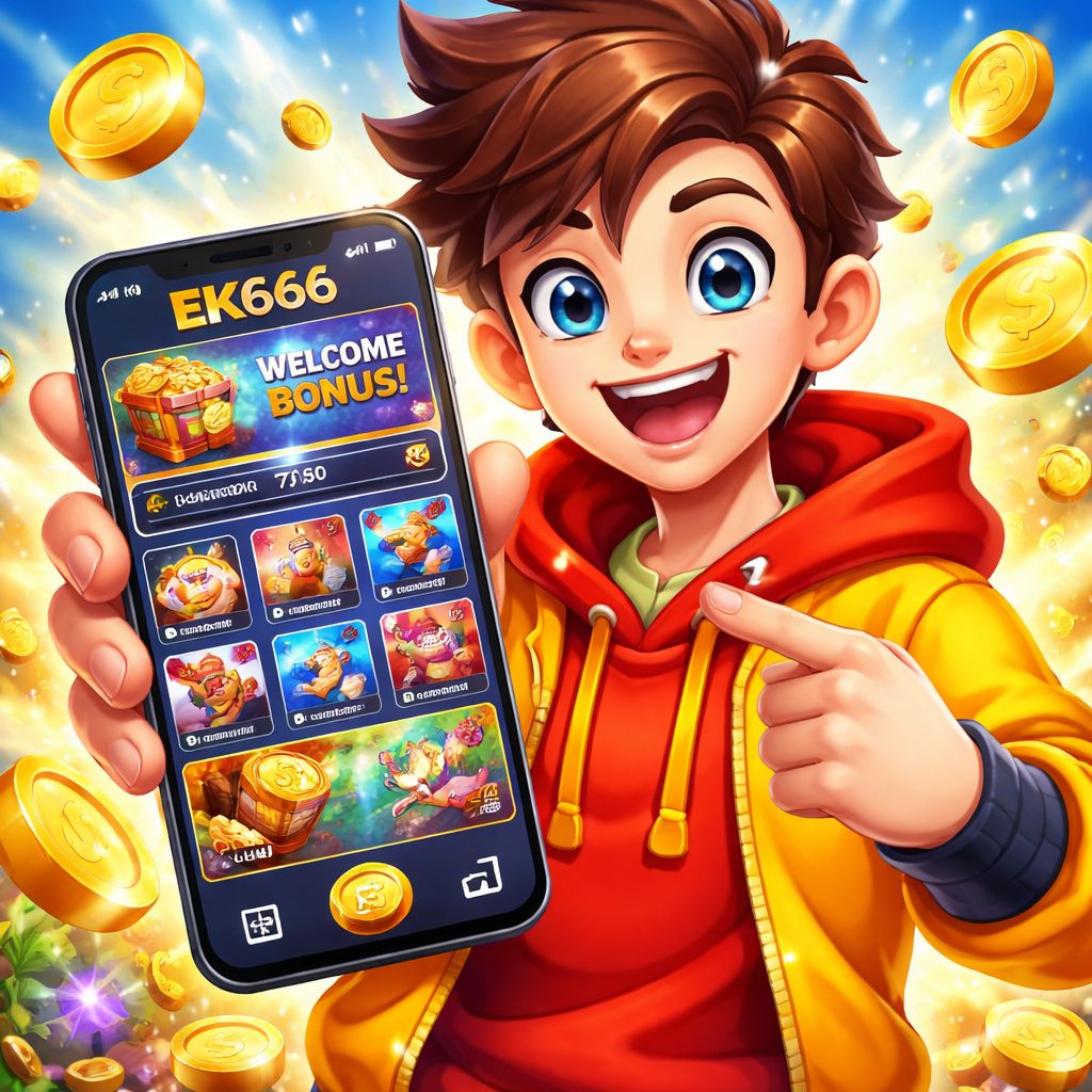 EK666 themed cartoon character using a smartphone with app icons and coins