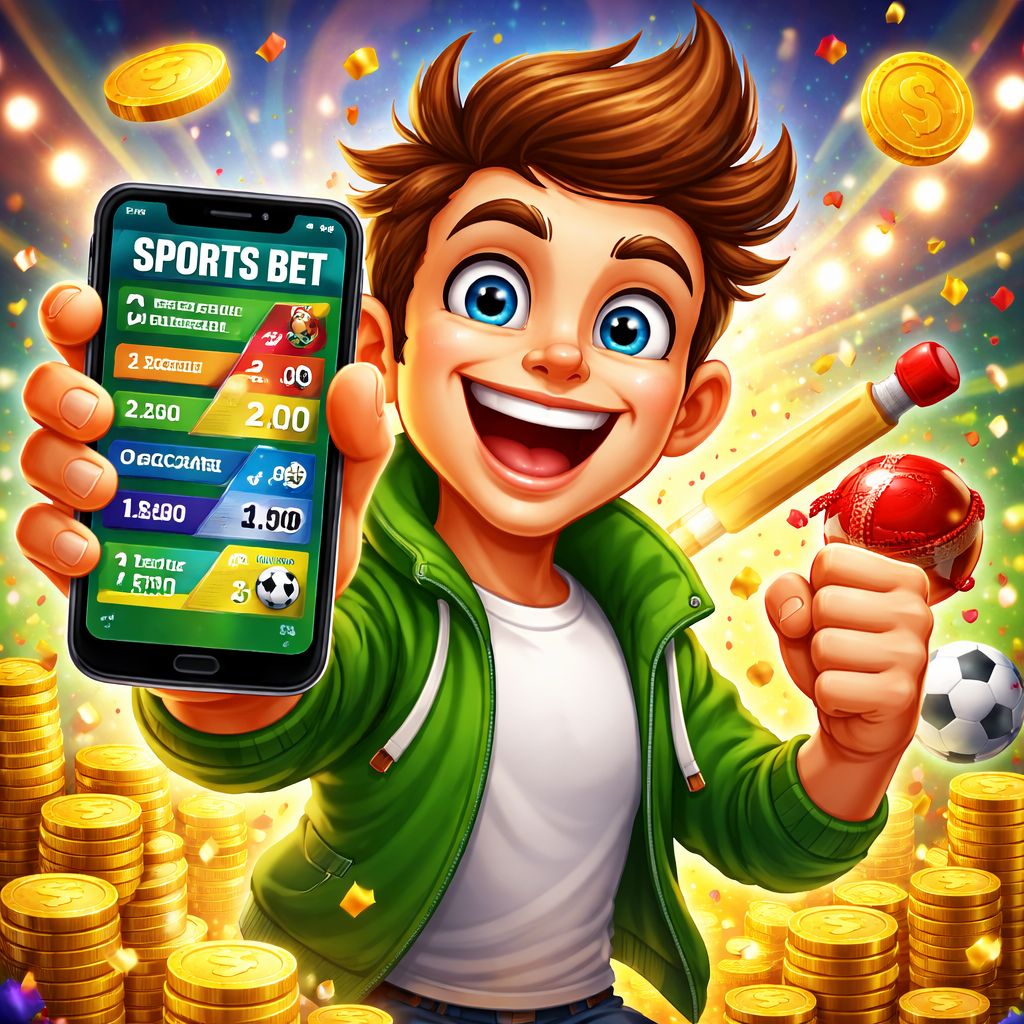 EK666 themed cartoon sports betting character with phone, odds screen, and coins