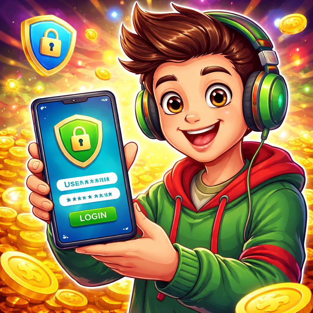 EK666 themed cartoon character using a mobile phone to log in with coins and gaming elements
